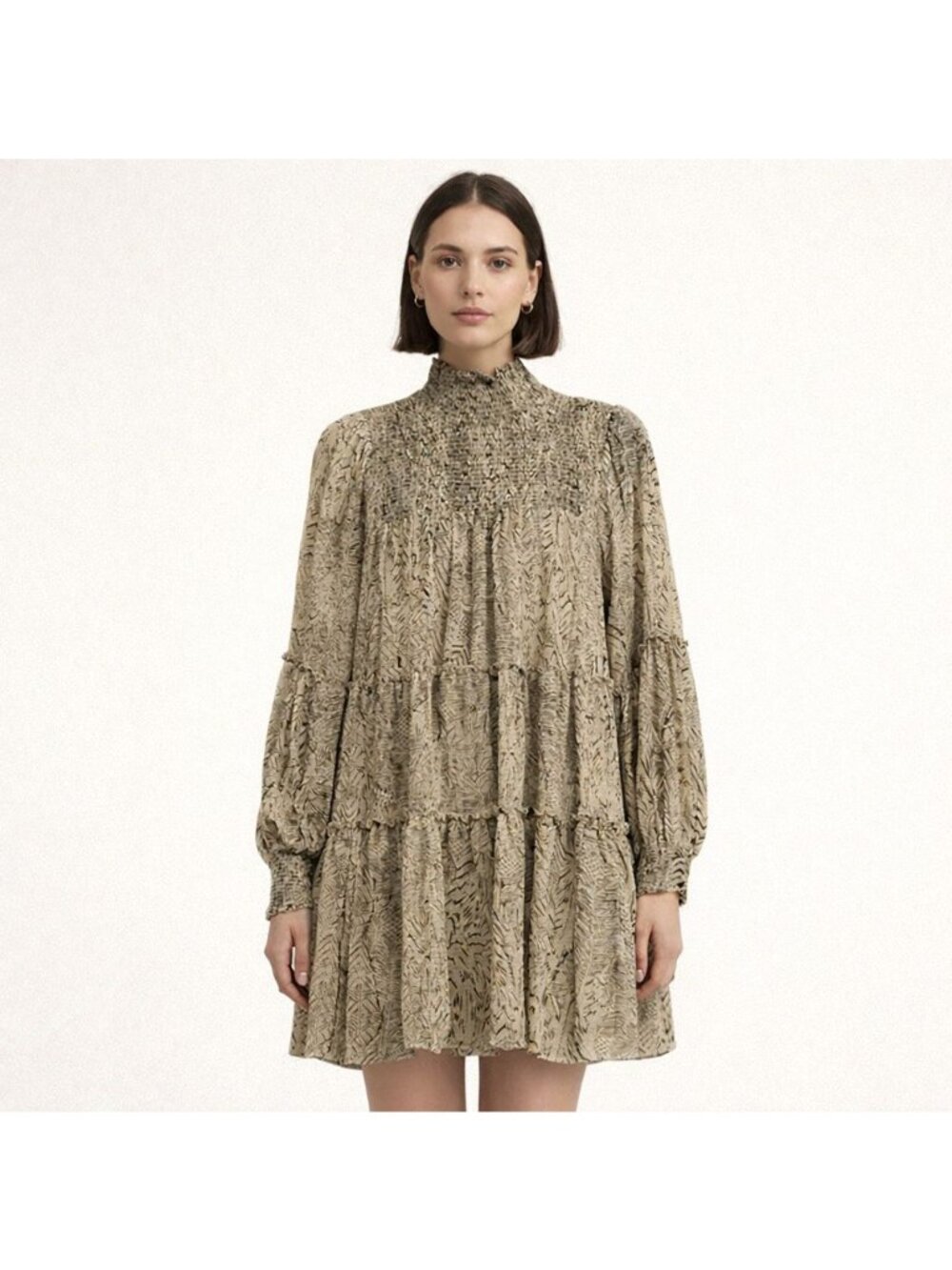 VICI Beige Gold Black Smocked High Neck Sheer Puff Sleeve Dress Womens Small